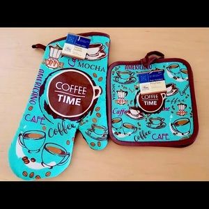 3 Piece Coffee Cafe Oven Mitt & Pot Holders Set